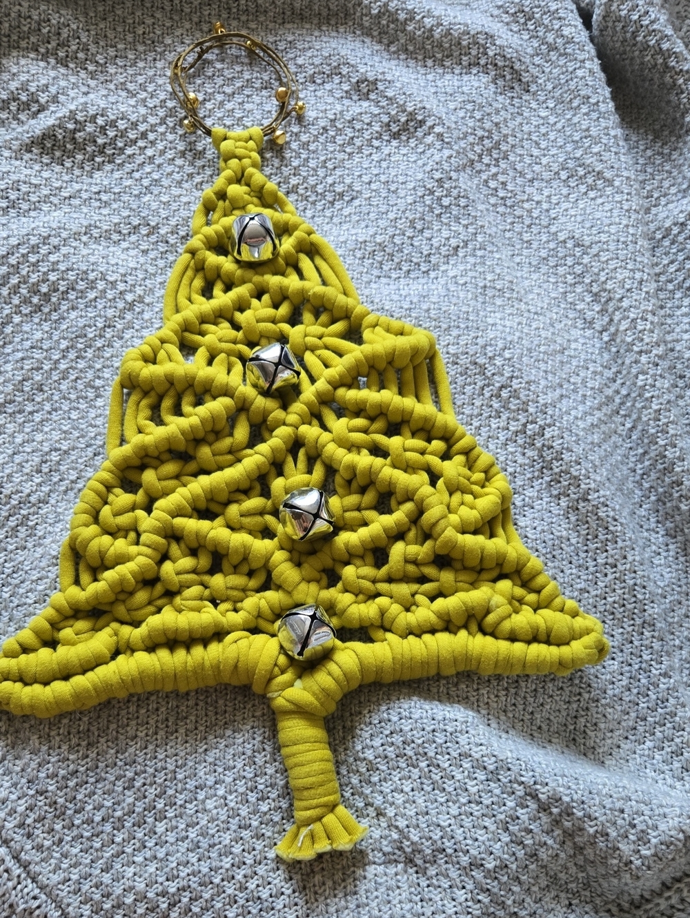 Handmade Yellow Macramé Christmas Tree Ornament with Silver Bells